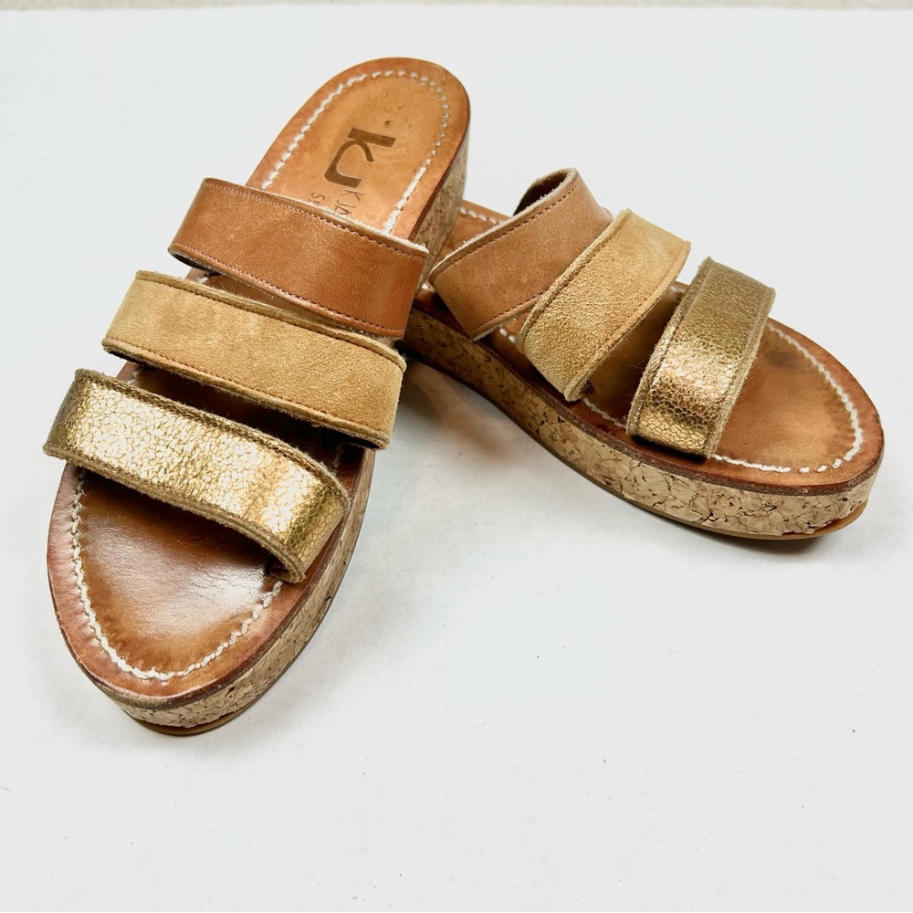 K.Jacques Gold and Tan Wedge Sandals